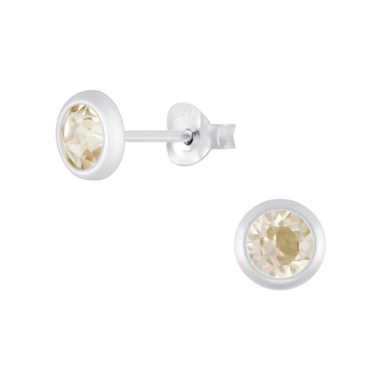 Joy|S - Zilveren ronde oorbellen - 5.5 mm - kristal champagne silk - zilver rand