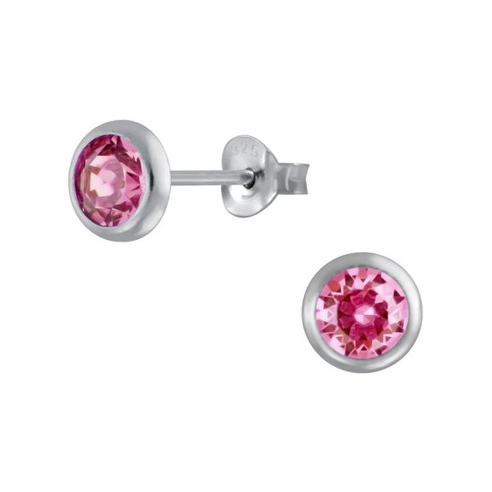 Joy|S - Zilveren ronde oorbellen - 5.5 mm - kristal roze - zilver rand