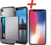 Pasjeshouder geschikt voor Apple iPhone XR - Grijs - met Glazen Screenprotector