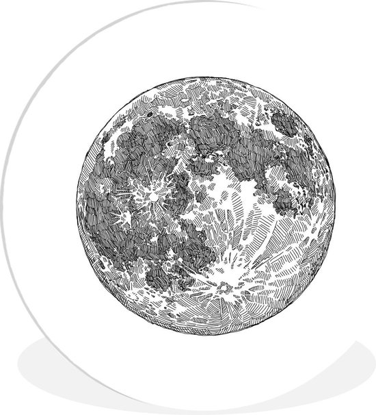 Une illustration en noir et blanc de la lune. Assiette en plastique cercle  mural ⌀ 140 cm | bol.com