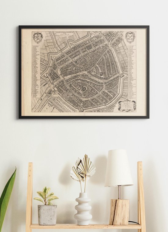 Poster In Zwarte Lijst - Historische Oude Kaart Leiden 1652 - Stadsplattegrond - Large 50x70