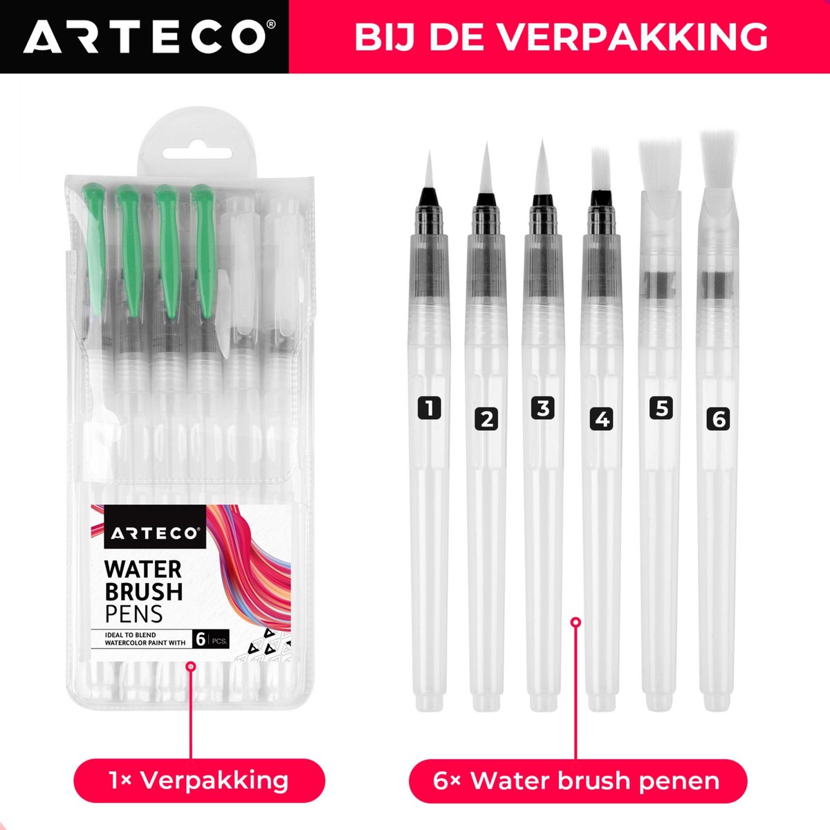 ARTECO® Set 6 Stuks Waterbrush Pennen (3 Punt + 3 Plat) - Navulbaar Penseel – Brushlettering & Kalligrafie — afbeelding 9