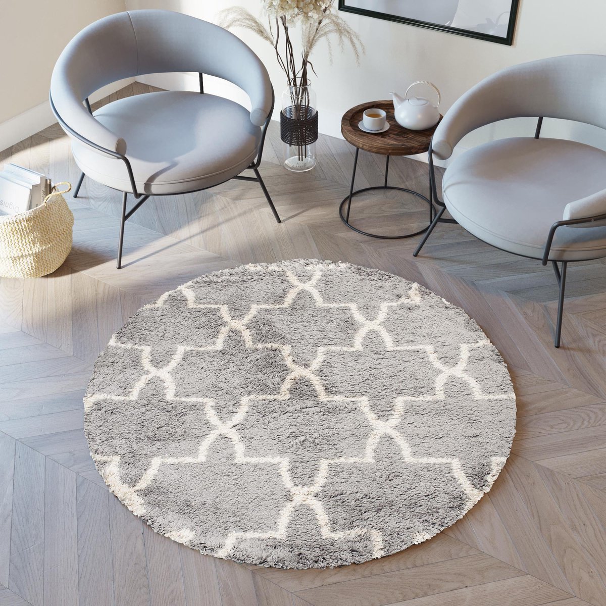 Tapiso Boho Vloerkleed Rond Grijs Beige Shaggy Bohemian Design Duurzaam Slaapkamer Woonkamer Hal Maat- 200x200