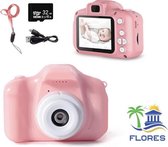 Flores Digitale HD 1080P Kindercamera Incl. Stickers & Opbergzakje | Inclusief 32GB Micro SD Kaart | Speelcamera | Roze