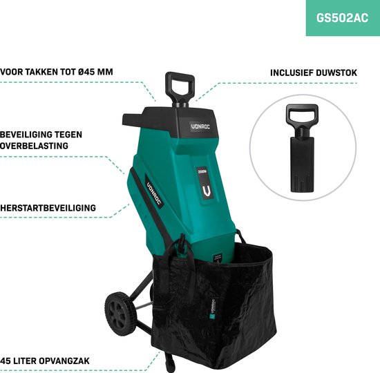Groene hakselaar met wielen, opvangzak en duwstok. "GS502AC. Voor takken tot Ø45 MM. Beveiliging tegen overbelasting. Herstartbeveiliging. 45 liter opvangzak. Inclusief duwstok."