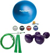 Tunturi - Fitness Set - Vinyl Dumbbell 2 x 1 kg - Gymball Blauw 90 cm - Springtouw Groen