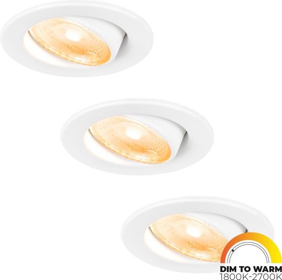 3x HOFTRONIC Malta - Dim to warm inbouwspot - LED - Rond zaagmaat 60-67mm - Wit - Dimbaar - Kantelbaar - 5 Watt - 480 lumen - 230V - 1800-2700K - Plafondspots - Inbouwspot voor badkamer en buiten - 5 jaar garantie