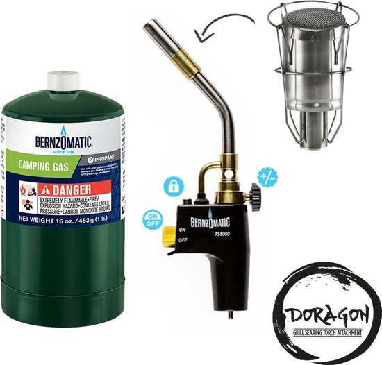 Bernzomatic TS8000 gasbrander, Doragon searing opzetstuk, propaanfles en instructies.