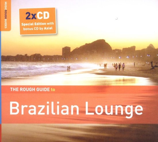 Strand van Ipanema in Rio de Janeiro bij zonsondergang. 'The Rough Guide to Brazilian Lounge' staat in witte letters.