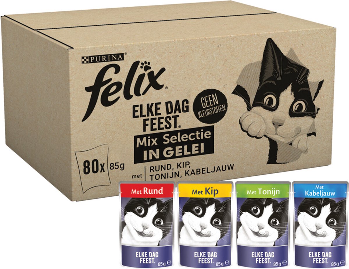 Felix Elke Dag Feest in Gelei Mix Selectie - Kattenvoer natvoer - Tonijn, Kabeljauw, Rund, Kip - 80 x 85g - FELIX