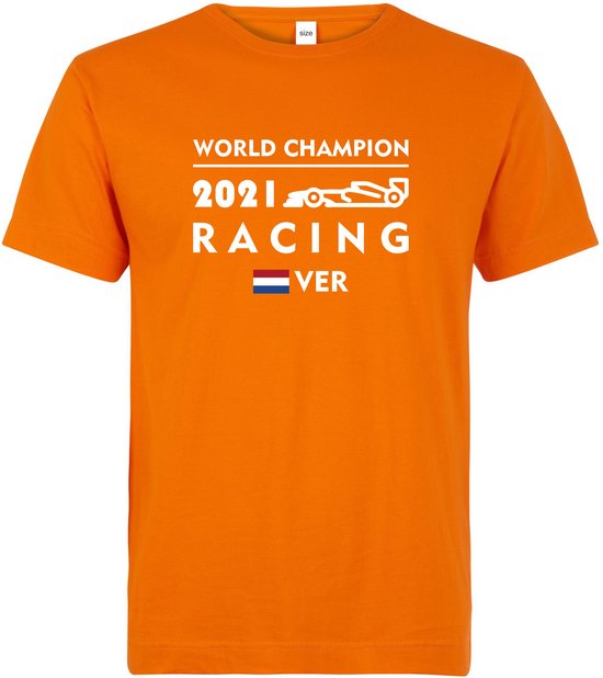 T-shirt oranje World Champion 2021 Racing | race supporter fan shirt | Formule 1 fan kleding | Max Verstappen / Red Bull racing supporter | wereldkampioen / kampioen | racing souvenir | maat XL