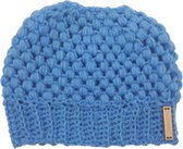 Ingehaakt paardenstaart beanie kind blauw