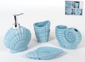 Badkamer Accessoires Set - 4-delig – Tandenborstelhouder –Zeeppompje Zeepbakje – Housewarming cadeau set Keramiek Schelpen Design – Blauw- Kerst cadeau