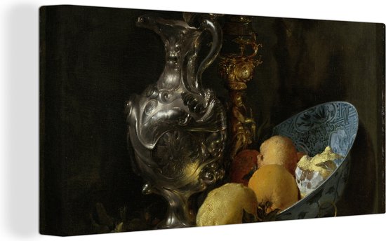 Canvas Schilderij Stilleven met zilveren kan en porseleinen kom - Schilderij van Willem Kalf - 80x40 cm - Wanddecoratie