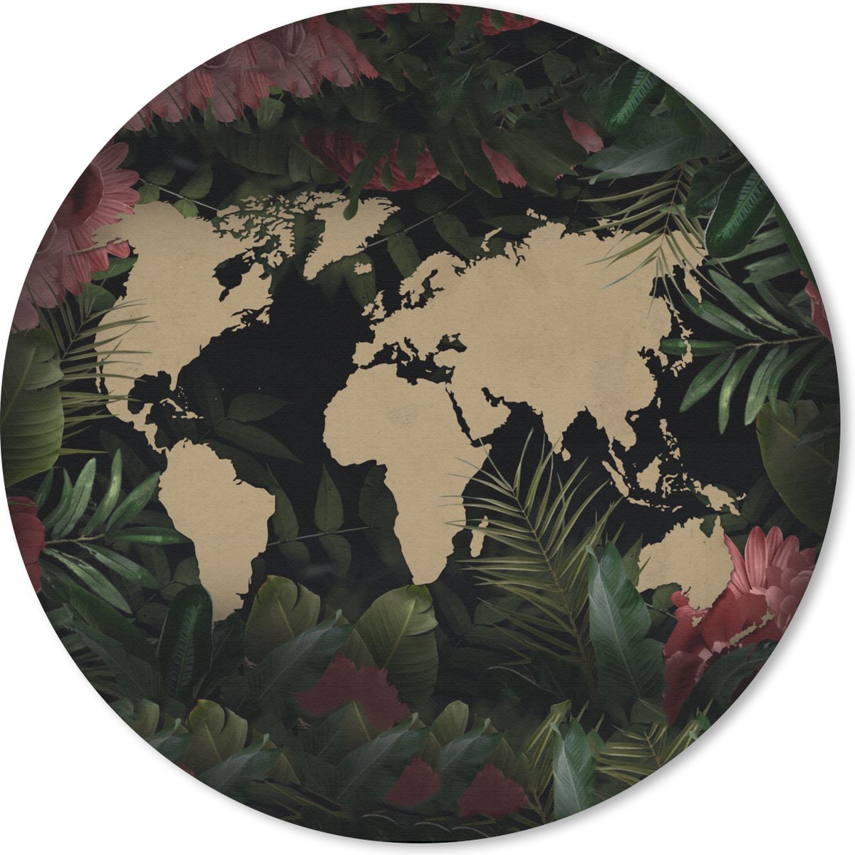 Muismat rond 20x20 cm - Mousepad Wereldkaart - Planten - Bloemen - Ronde muismatten