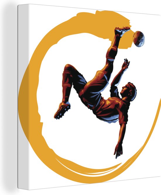 Canvas Schilderij Een illustratie van een voetballer die een omhaal maakt - Jongens - Meisjes - Kinderen - 50x50 cm - Wanddecoratie