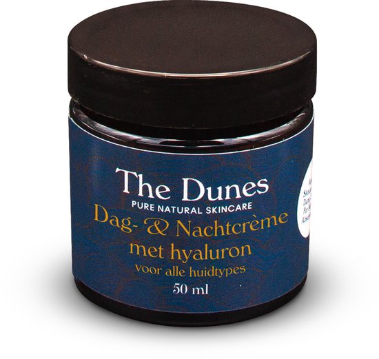 The Dunes pure natural skincare Dag- & Nachtcrème met Hyaluron, zuivere etherische oliën van Lemongrass, Marjolein en Lavendel, parfumvrij, BIO, Avocado olie, Mangobutter, Jojoba, krachtige anti-age formule met Vitamine E, met goudsbloem extract