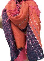 Sjaal herfst/winter extra dik met franjes roze/donkerblauw/oranje
