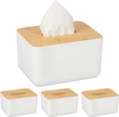 Relaxdays 4x tissue box - tissuehouder - tissuedoos wit - zakdoekjesdoos - bamboe deksel