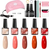 Mtssii - gelnagel kit - 5 Kleuren gellak - nude en rood tinten - Starterkit - Manicure Set - 54 Watt UV Lamp - gel nagels starterspakket - nepnagels -