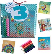 5 x Traktaties 3 jaar - Uitdeelcadeautjes - Kleurpotloden - Kleurboekjes - Set van 5 Blauwe Uitdeelzakjes Voor Kinderen - School - Kinderfeestje - Hoera 3 jaar - Bedankjes Kinderfeest - Verja
