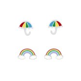 Joy|S - Zilveren oorbellen set 2 paar - regenboog oorbellen - paraplu oorbellen