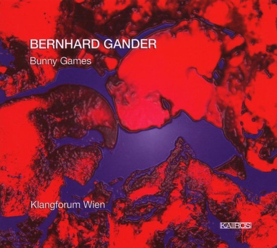 Abstrakte cd-hoes van Bunny Games door Bernhard Gander met rode en dieppaarse vlekkerige texturen.