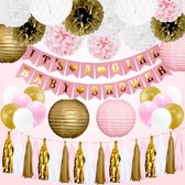Babyshower versiering meisje pakket roze met gouden en witte decoratie ook voor kraamfeest