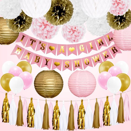 Overdreven Forensische geneeskunde . Babyshower versiering meisje pakket roze met gouden en witte decoratie ook  voor kraamfeest | bol.com