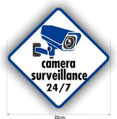 Camera surveillance sticker. De afmeting is diagonaal 20cm. breed.