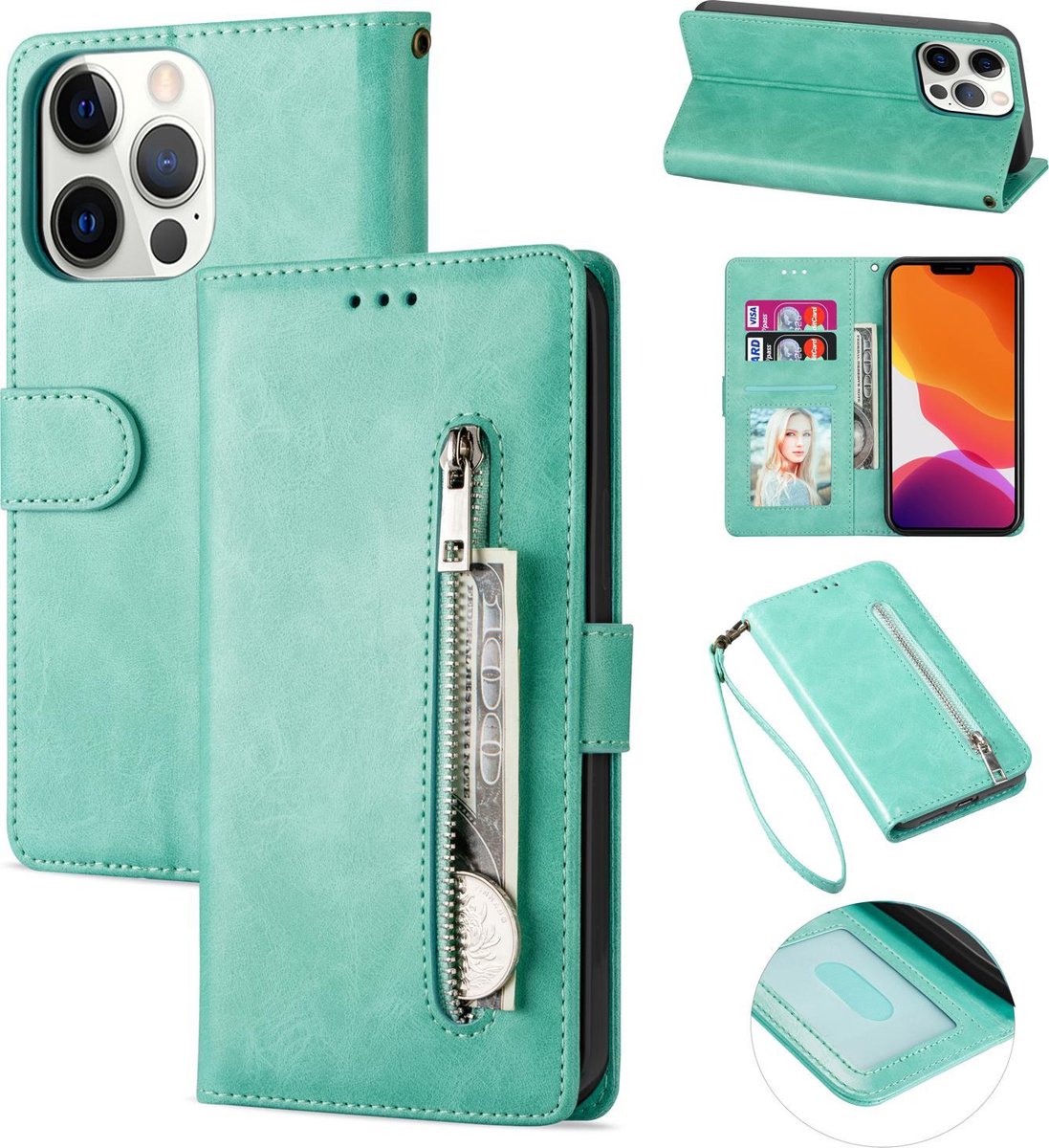 Luxe Telefoonhoesje voor Apple iPhone 13 Mini | Hoogwaardig Leren Bookcase | Lederen Wallet Case | Pasjeshouder | Licht Blauw