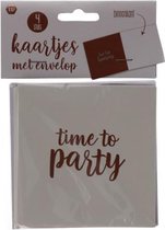 Time To Party Kaartjes met Envelop - Wit / Rosé Goud - Papier - 11 x 11 cm - Set van 4