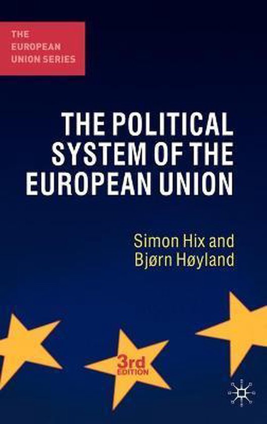 Couverture de livre intitulée 'THE POLITICAL SYSTEM OF THE EUROPEAN UNION' sur fond bleu avec des étoiles jaunes et '3rd EDITION'.