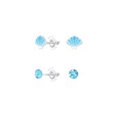Joy|S - Zilveren oorbellen - set 2 paar - schelp oorbellen en oorknopjes - blauw - screw back sluiting