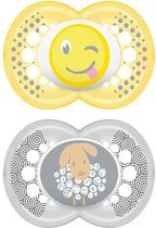 MAM Original Smiley / Schaap - Fopspenen - Geel / Grijs - Silicone - BPA vrij - 6-16 maanden - Set van 2
