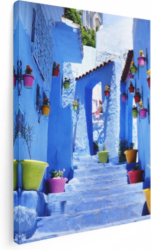 Artaza Canvas Schilderij Blauwe Huizen met Bloempotten in Chefchaouen, Marokko - 30x40 - Klein - Foto Op Canvas - Canvas Print