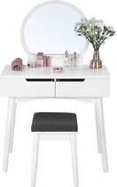 MIRA Home Kaptafel - Make-up Tafel met Verlichting - Kruk - Spiegel - Modern - Hout - Wit - 80x40x130,5
