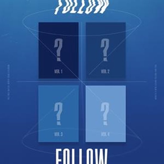 Vier blauwe vierkanten met vraagtekens, gelabeld Ver. 1, Ver. 2, Ver. 3 en Ver. 4. De tekst 'FOLLOW' staat bovenaan en onderaan.