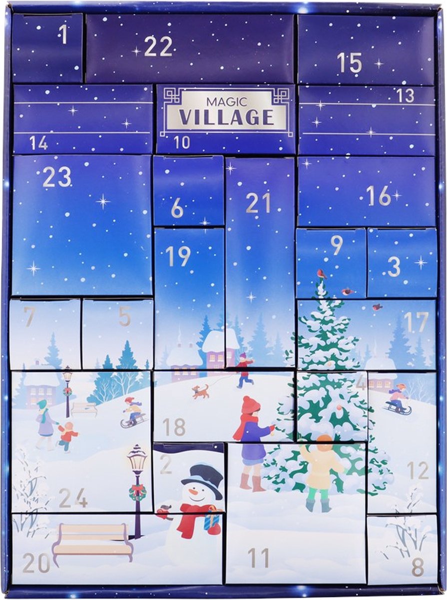 Adventskalender met kerstdorp en geschenken in Kerstthema.