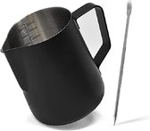 Pot à lait inox noir de 600mL avec stylo latte art - Pichet inox à café avec mesures en mL et en oz - Pot a lait avec bec verseur - Accessoire cafe pour latte, chocolat chaud, expr