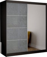 InspireMe - Zweefdeurkast Kledingkast met Spiegel Garderobekast met planken en kledingstang - 183x61x218 cm (BxDxH) - BETON (Zwart)