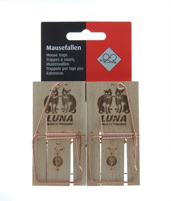 Twee houten muizen vallen met koperen veer en twee gegraveerde katten, met "Luna" logo.
