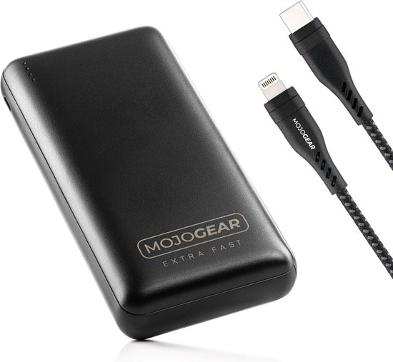 MOJOGEAR snelladen-set geschikt voor iPhone 11/12/13/14 - 20.000 mAh XL powerbank + Lightning naar USB-C kabel - Ondersteunt USB Power Delivery - Zwart