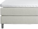 Dichtbij weergave van een beige boxspring met gestreept matras en witte topper.