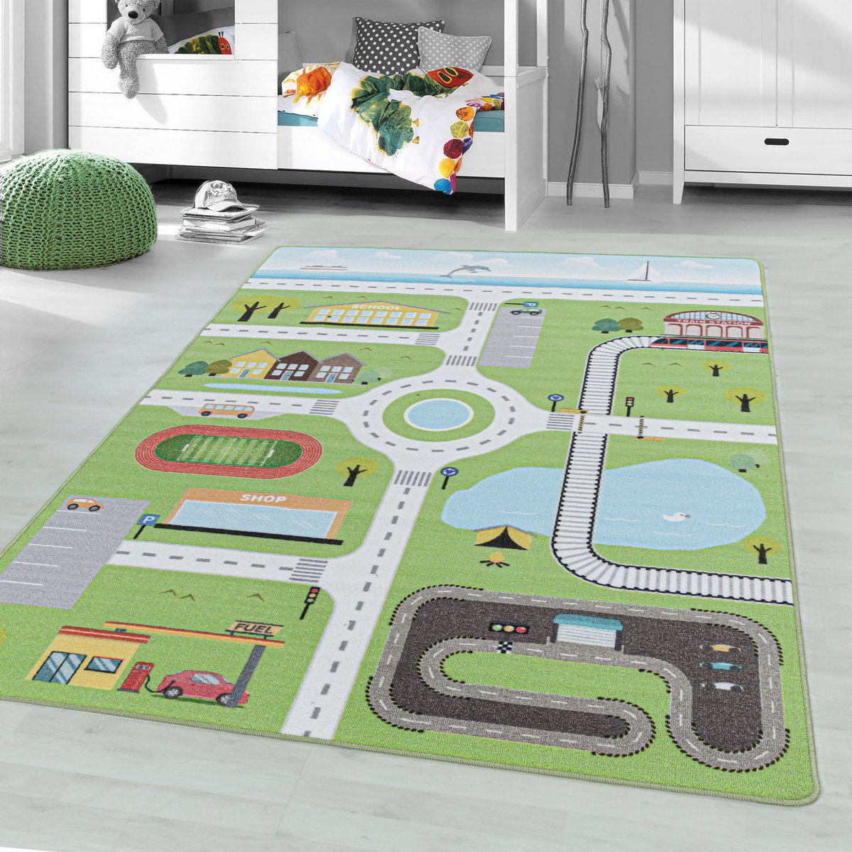 Muratap Play Vloerkleed Kinderkamer Verkeer Laagpolig Groen- 80x120 CM