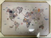 Canvas poster wereldkaart dieren inclusief omlijsting - kinderkamer - dieren wereldkaart