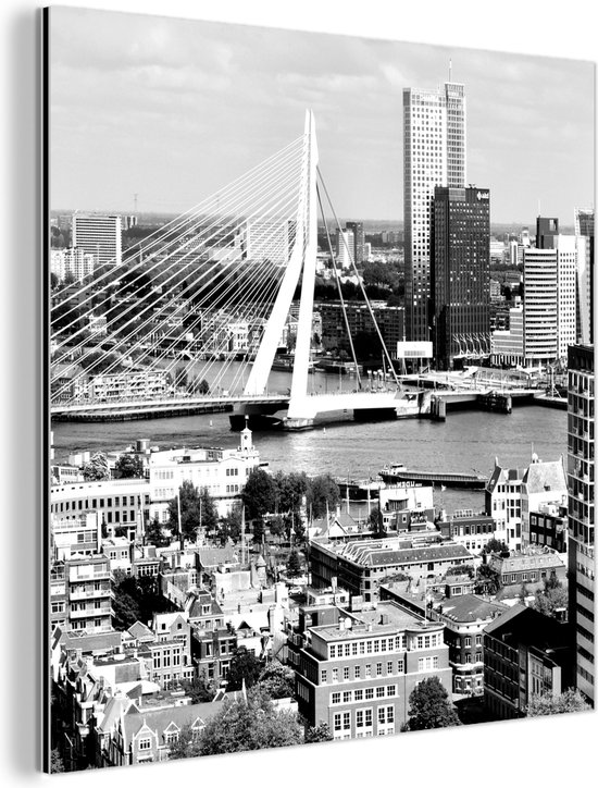 Wanddecoratie Metaal - Aluminium Schilderij Industrieel - Rotterdam - Skyline - Zwart - Wit - 20x20 cm - Dibond - Foto op aluminium - Industriële muurdecoratie - Voor de woonkamer/slaapkamer