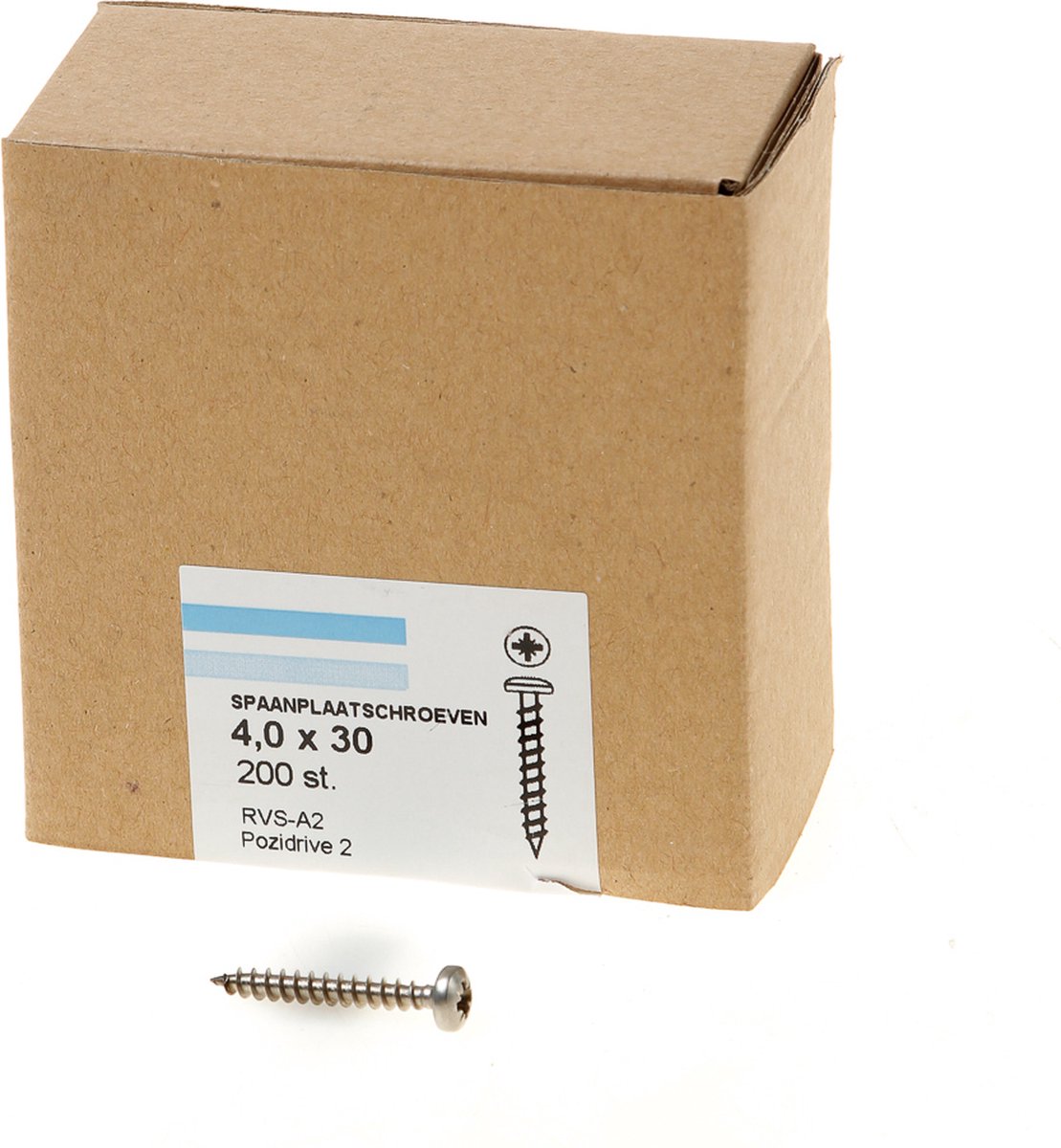 Hoenderdaal Spaanplaatschroef RVS-A2 cilinderkop PZ2 voldraad 4.0X30 (per 200 stuks)
