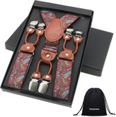 Chique moderne bretels - Rood paisley dessin - Sorprese - middenbruin leer - 6 stevige clips - heren - unisex - Cadeau