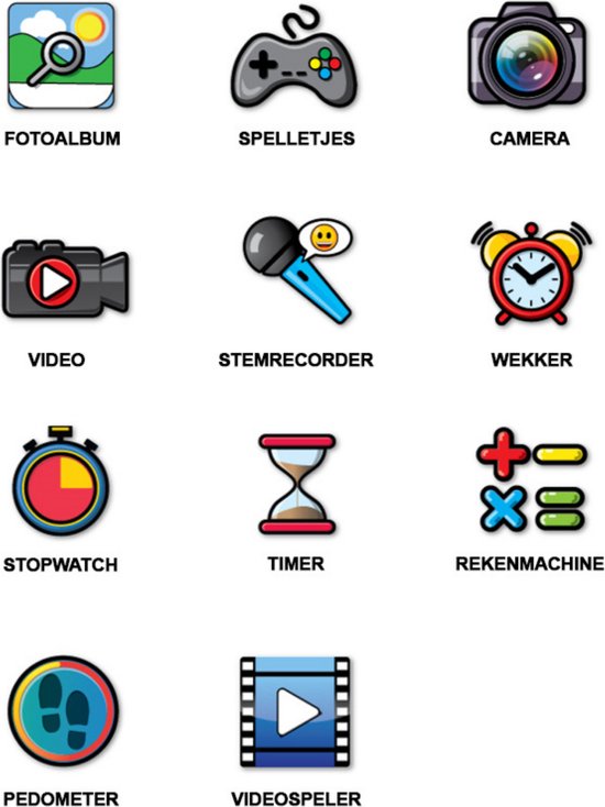Verzameling iconen: fotoalbum, spelletjes, camera, video, stemrecorder, wekker, stopwatch, timer, rekenmachine, stappenteller, videospeler.